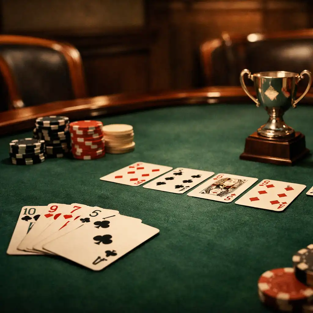 Helyszíni poker asztal emerald filccel, kártyákkal, játékchipsekkel és trófeával