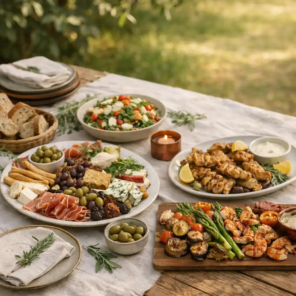 Megosztásra hívó gourmet tálalás kerti asztalon