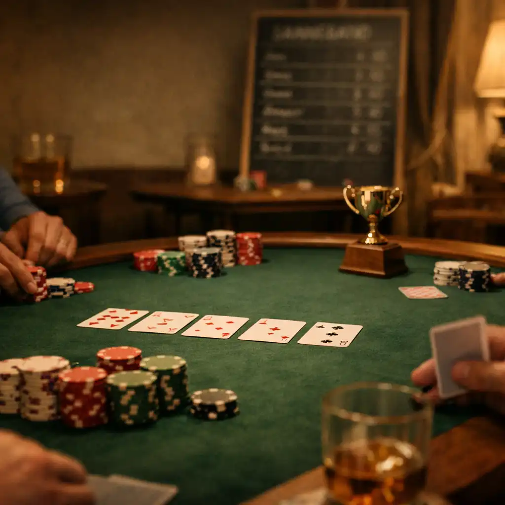 Emerald felt poker asztal kártyákkal, chipekkel és kis trófeával egy privát card roomban