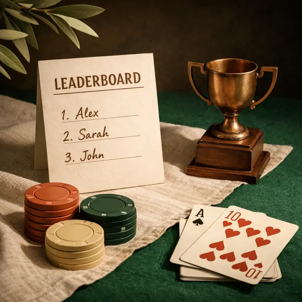 Helyszíni leaderboard, játékzsetonok és kis trófea