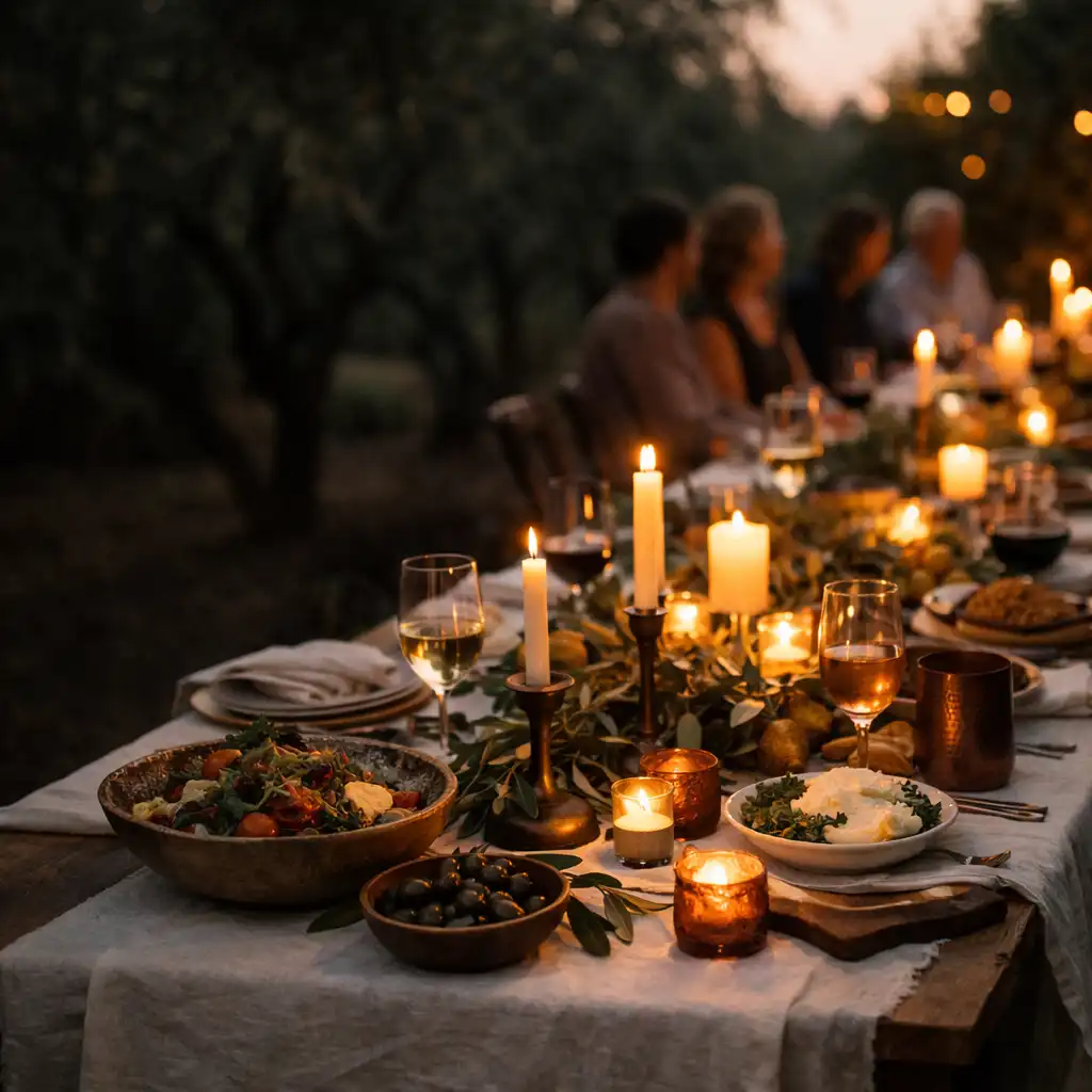 Esti fényben előkészített hosszú gourmet asztal egy privát kertben