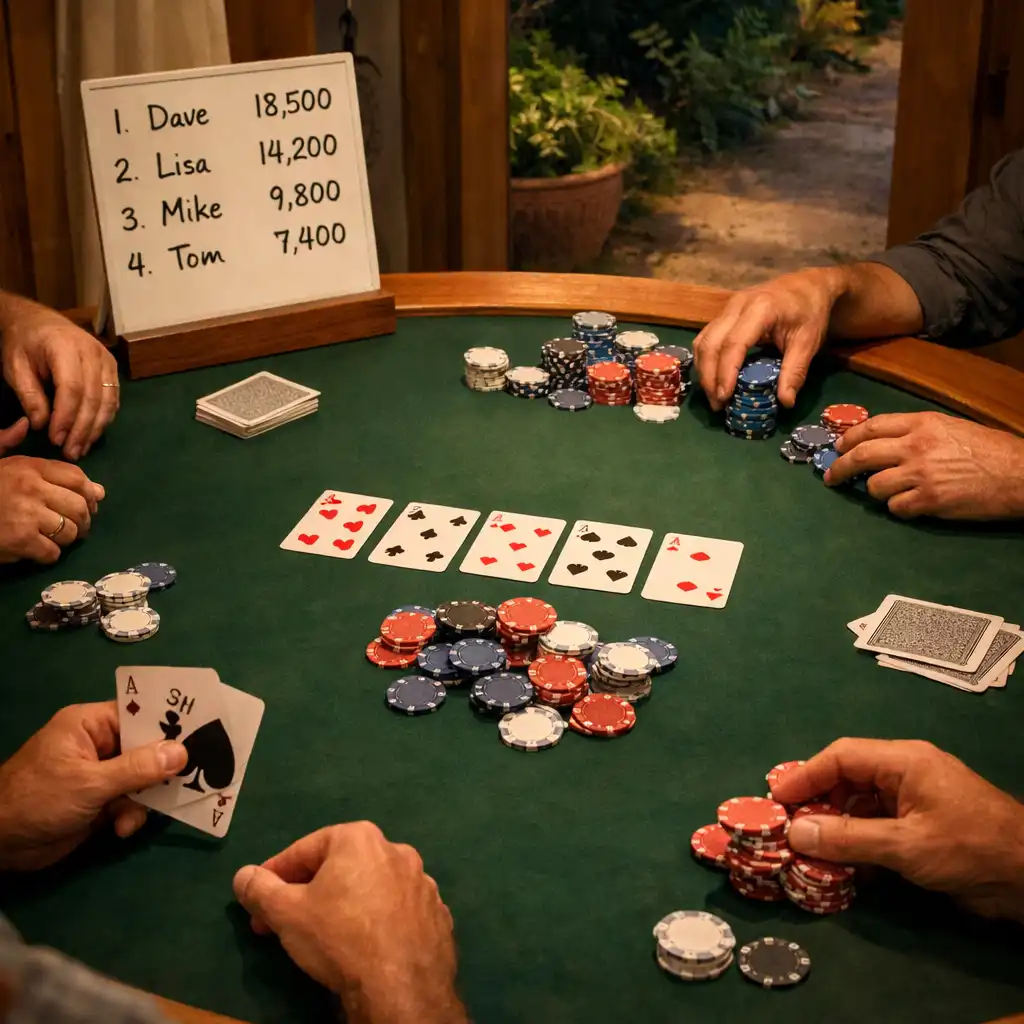 Kezek egy Texas Hold’em asztal körül, játékzsetonokkal